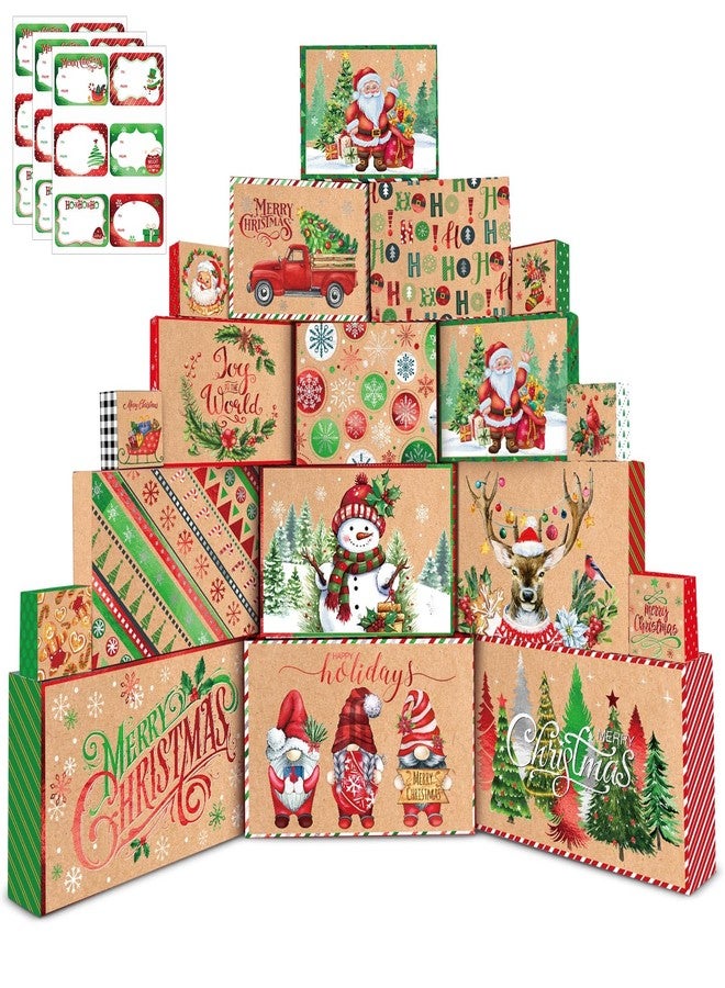 Pickmesh 18 Pcs Kraft Christmas Gift Boxes with Lids 18 Size Foil Xmas Wrapping Box Bulk Merry Christmas Shirt Box with Label Sticker for Xmas Holiday Party Sweater Cloth Gift Wrapping Supplies Decor - Image 1